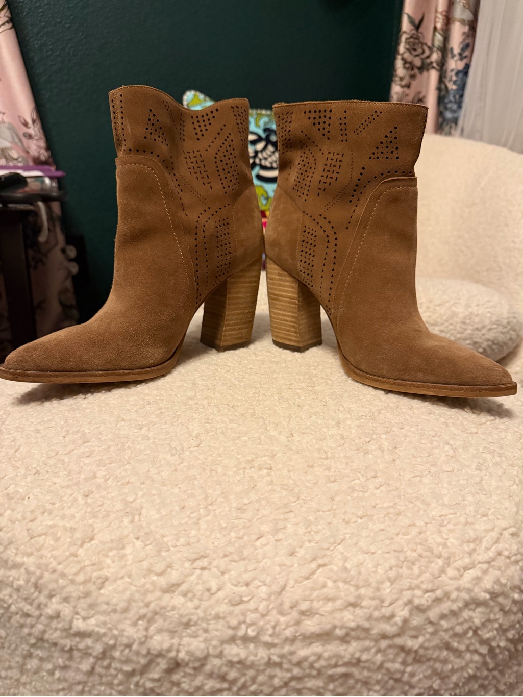 Vince Camuto Tan Suede Perforated Ankle Boots With Stacked Heel